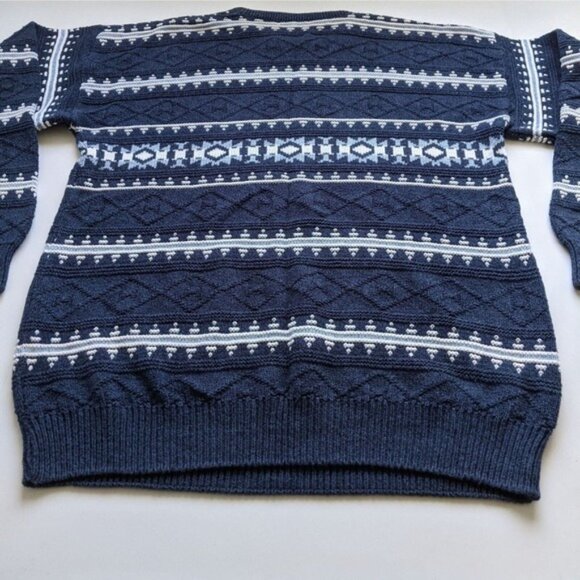 Vintage 90s Jantzen Grandpa Dad Sweater L Fair Isle Striped Blue Cotton Unisex - Picture 5 of 10